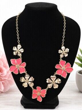 Pink Coral Floral Statement Necklace Gold Tone Enamel Flower Bib 18 Inch